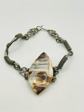 Vintage Wire Wrapped Brown and White Marbled Agate Bracelet - size 7